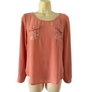 Mine Peach Blouse Lace Insets Size Medium Convertible Sleeve Dressy Office